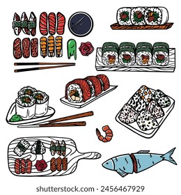 Sushi set. Asian Japanese food. Japan rolls, maki, uramaki. Chinese, korean, japanese rice, noodles, fish and meat dishes. Doodle asian japanese cuisine traditional delicious food.