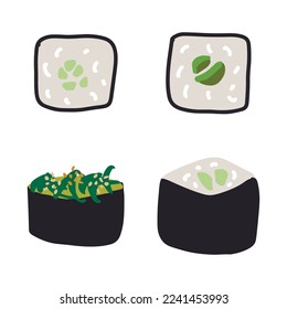 Sushi set with avocado, sesame seeds on wooden plate. Cute hand drawn cartoon illustration for asian food menu, stickers, wall art, restaurant logo