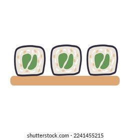 Sushi set with avocado, sesame seeds on wooden plate. Cute hand drawn cartoon illustration for asian food menu, stickers, wall art, restaurant logo
