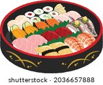 Sushi Set in black box to home. Gunkan, Nigiri and Rolls. Maguro, Toro, Salmon, Ikura, Uni, Ebi(shrimp), Tamago(edd), Iwashi(sardines), Tai(snapper), hotate(scallop)