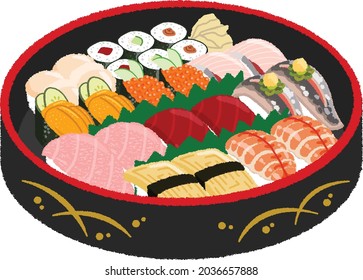 Sushi Set in black box to home. Gunkan, Nigiri and Rolls. Maguro, Toro, Salmon, Ikura, Uni, Ebi(shrimp), Tamago(edd), Iwashi(sardines), Tai(snapper), hotate(scallop)