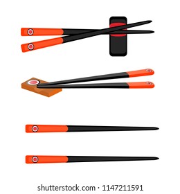 Сhopsticks for sushi set in black orange сolour with flag. Modern style vector illustration icons.
Isolated on white background. Chopstick. Hashi for sushi. Japanese,chinese,asian food accessories.