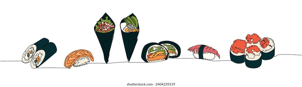 Sushi set, sushi burger, nigiri, temaki, gunkan, sushi roll one line art. Continuous line drawing of sushi, japanese, food, roll, culture, tasty, restaurant, japan, asian, sea, menu