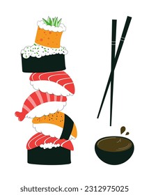 Sushi set in cartoon style, vector illustration in flat style
