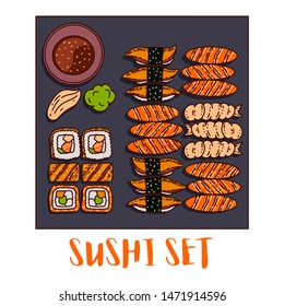 Sushi set. Cartoon vector illustration.