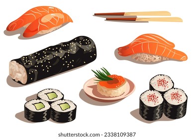 Sushi set. A charming set of cartoon-inspired flat design illustrations featuring an assortment of delicious sushi creations. Vector illustration.