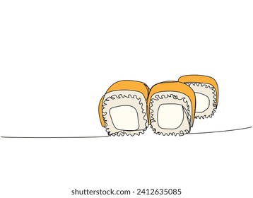 Sushi set, cheese roll, cream cheese, vegetarian roll one line art. Continuous line drawing of sushi, japanese, food, roll, culture, tasty, restaurant, japan, asian, sea, menu