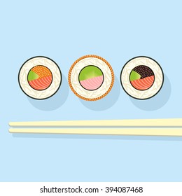 Sushi  set and the Chinese sticks on a blue background. Icons. vector illustration