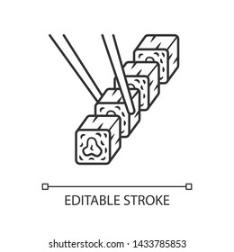 Sushi set with chopsticks linear icon. Traditional japanese food, seafood. Asian cuisine. Spring rolls. Thin line illustration. Contour symbol. Vector isolated outline drawing. Editable stroke