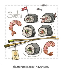 Sushi set with chopsticks on white background. Asian food. Vector illustration.