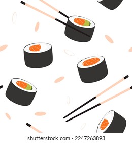 Sushi set with chopsticks. Pattern with illustration of sushi and rolls. Asian food. 