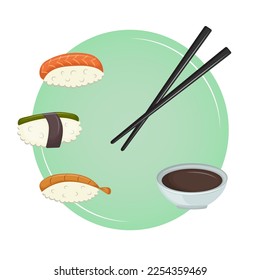 Sushi set with chopsticks and soy sauce. The concept of Asian traditional cuisine. Vector illustration. Cartoon.