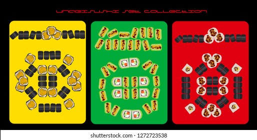 Sushi set collection- low polygonal cartoon style minimal rolls with avocado, unagi sauce, slice of crab  in nori seaweed - design menu restaurant delivery, flyer, card, web background
