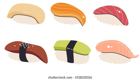 Sushi set collection . Set of various fishes with rice. Traditional asian cuisine, Japanese food, sashimi cartoon clipart.