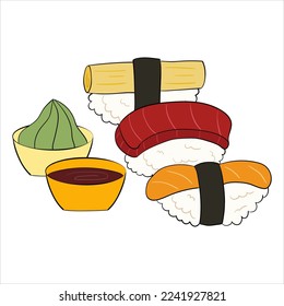 Sushi set with daikon, salmon, tuna and nori. vector illustration on a white background.