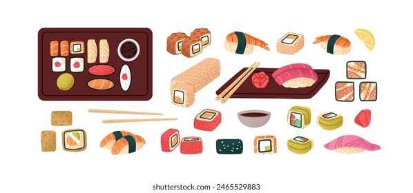 Sushi set. Different rolls with rice, fish, nori. Traditional Japanese food: salmon nigiri, unagi maki with ginger, wasabi. Asian seafood restaurant menu. Flat isolated vector illustrations on white