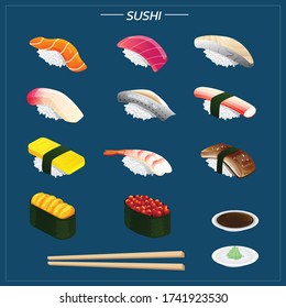 sushi set of different types chopsticks with wasabi soy isolated vector illustration. Isometric sushi on navy blue background for other categories.