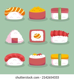 Sushi set of different types chopsticks and bowls with wasabi soy ginger. Vector illustration.