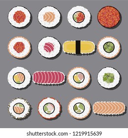 Sushi set of different types. Flat vector icons. Japanese food.