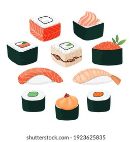 Sushi set. Different types of sushi and rolls. Traditional japan roll, gunkan with tobiko caviar, original with philadelphia cheese and lava sauce, salmon and king prawn. Vector illustration isolated