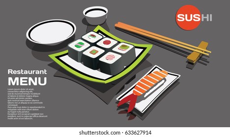 Sushi set with empty plate on black mirror