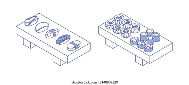 Set de sushi - pescado, marisco. Isometric vectorial ilustración en diseño plano. Contorno, estilo lineal, arte de línea. 