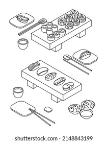 Sushi set - fish, seafood. Isometric vector illustration in flat design. Outline, linear style, line art. 