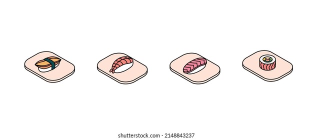 Sushi set - fish, seafood. Isometric vector illustration in flat design. Outline, linear style, line art. 
