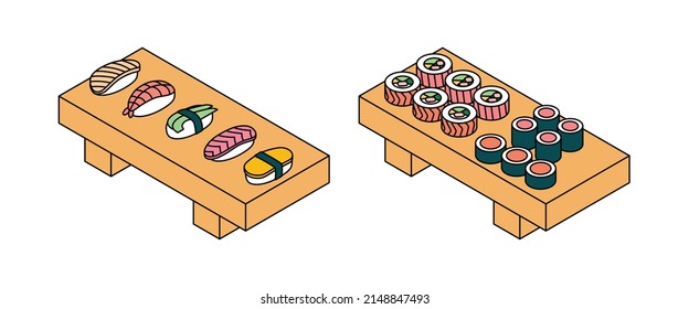 Sushi set - fish, seafood. Isometric vector illustration in flat design. Outline, linear style, line art. 