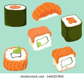 Sushi set in flat cartoon style. Vector isolates