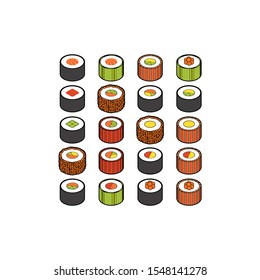 Sushi set in a flat style of traditional Japanese cuisine, isometry