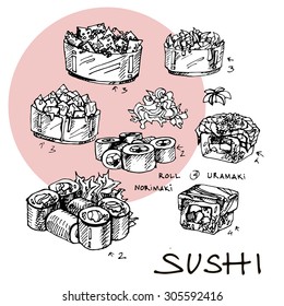 Sushi set, freehand line flat style, asian japan's food, fish, fitness, cafe, menu on flag white red background