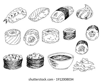 Sushi set graphic black white isolated food sketch illustration vector 