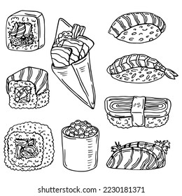 Sushi set graphic black white isolated food sketch illustration vector