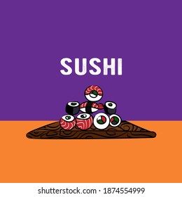 Sushi set, hand drawn Japanese food rolls. Sushi bar menu and logo