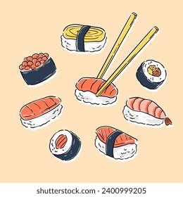 Sushi set. Hand drawn vector illustration in doodle style