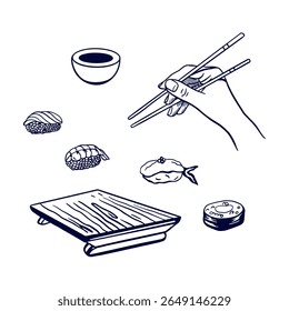 Sushi ajustado. Mão segurando pauzinhos, prancha de servir, molho. Ilustração vetorial desenhada à mão da cozinha japonesa em estilo gráfico preto e branco. Para menu de design, convites, banners, cartazes, livretos.