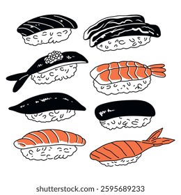 Sushi set hand-drawn illustration featuring various types of nigiri sushi, including salmon, tuna, eel, and shrimp. Japanese food. Vector illustrations set isolated on white.