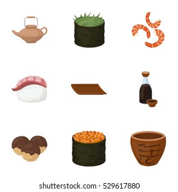 Sushi set icons in cartoon style. Big collection of sushi vector symbol stock illustration