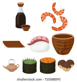 Sushi set icons in cartoon style. Big collection of sushi vector symbol stock illustration