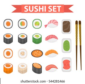 Sushi set icons, element for design, flat style. Japanese sushi and rolls, wasabi, soy sauce, ginger, chopsticks isolated on white background. Vector illustration, clip art