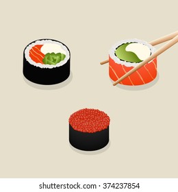 Sushi set icons. Vector illustration. Two couples of wooden chopsticks hold  sushi rolls.  Vector realistic illustration isolated on white background.