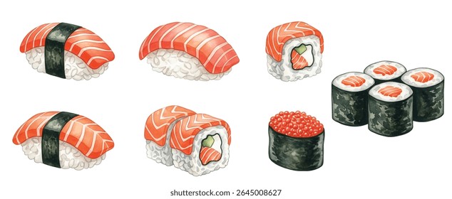 sushi set illustration featuring nigiri, maki, rolls, roe, and chopsticks. Perfect for Japanese cuisine menus, restaurant branding, recipe books, and Asian food-themed designs.