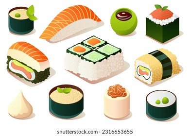 Sushi set. The illustration is a flat and cartoon design of a sushi set, with various types of sushi rolls, sashimi, and condiments. Vector illustration.