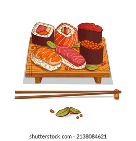 Conjunto de sushi, vector aislado. Ilustración de color de deliciosos sushi y rollos colocados en la pizarra y palillos sobre fondo blanco. Logo del café, carteles, cocina asiática, página de menús y diseño de pancartas