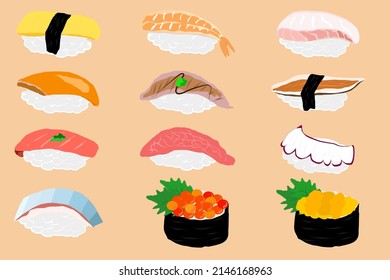 Sushi. Isometric sushi iconos en segundo plano. La comida japonesa. Ilustración vectorial.