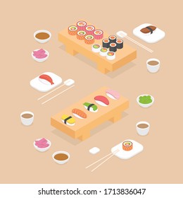 El equipo de Sushi. Isométrica ilustración vectorial en diseño plano. 