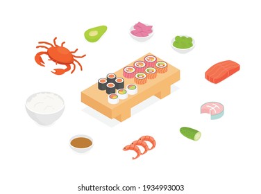 Sushi. Isometric vectorial ilustración en diseño plano. 