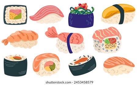 Conjunto de sushi japón asiático Vector de alimentos logo diseño paquete aislado sobre fondo blanco