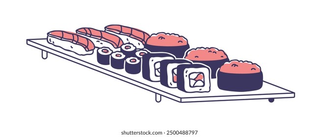 Sushi set, Japan rolls, nigiri, uramaki and maki. Traditional Japanese cuisine with salmon, tuna, rice. Asian susi meal served on board plate. Flat vector illustration isolated on white background